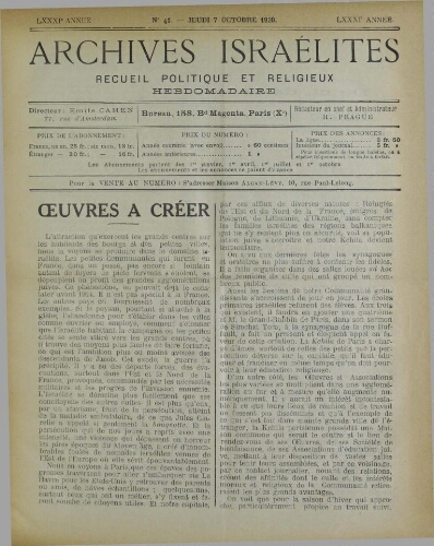 Archives israélites de France. Vol.81 N°41 (07 oct. 1920)